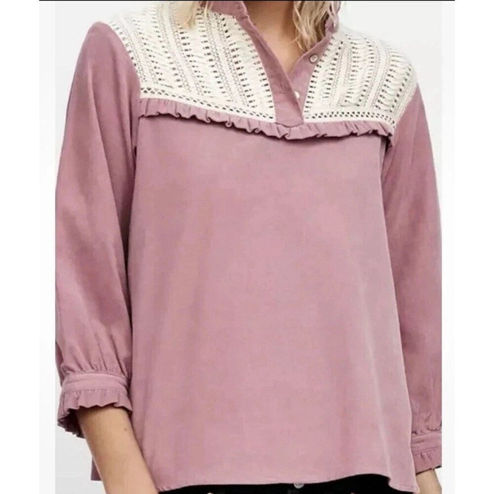 Zara Boho‎ Dusty Pink 3/4 sleeve Corduroy crochet Ruffles Cotton Top XS